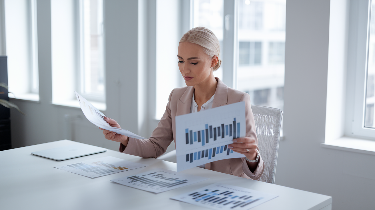 profesional revisando resultados de AI marketing implementation en oficina moderna