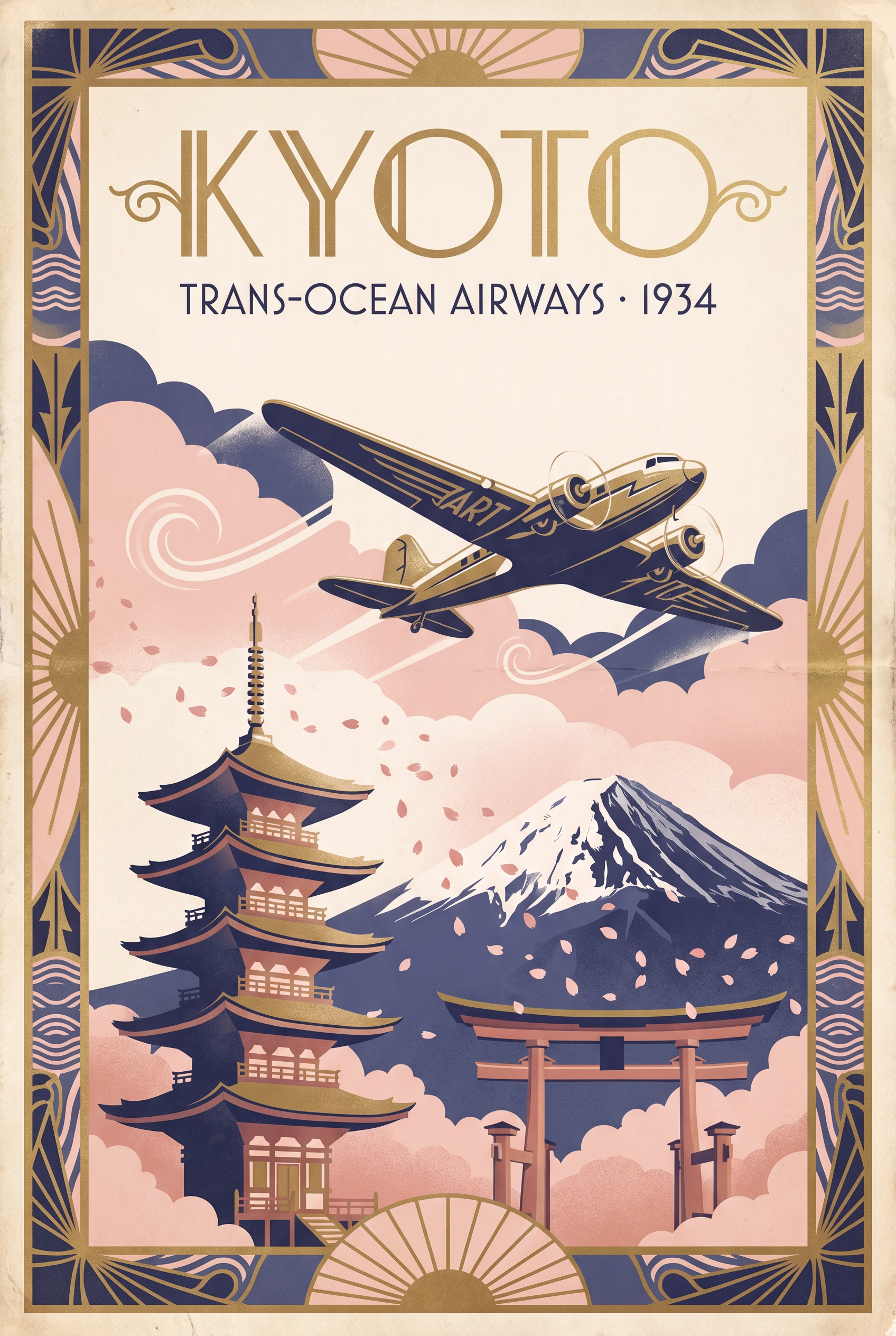 Vintage Art Deco Airline Poster · Kyoto