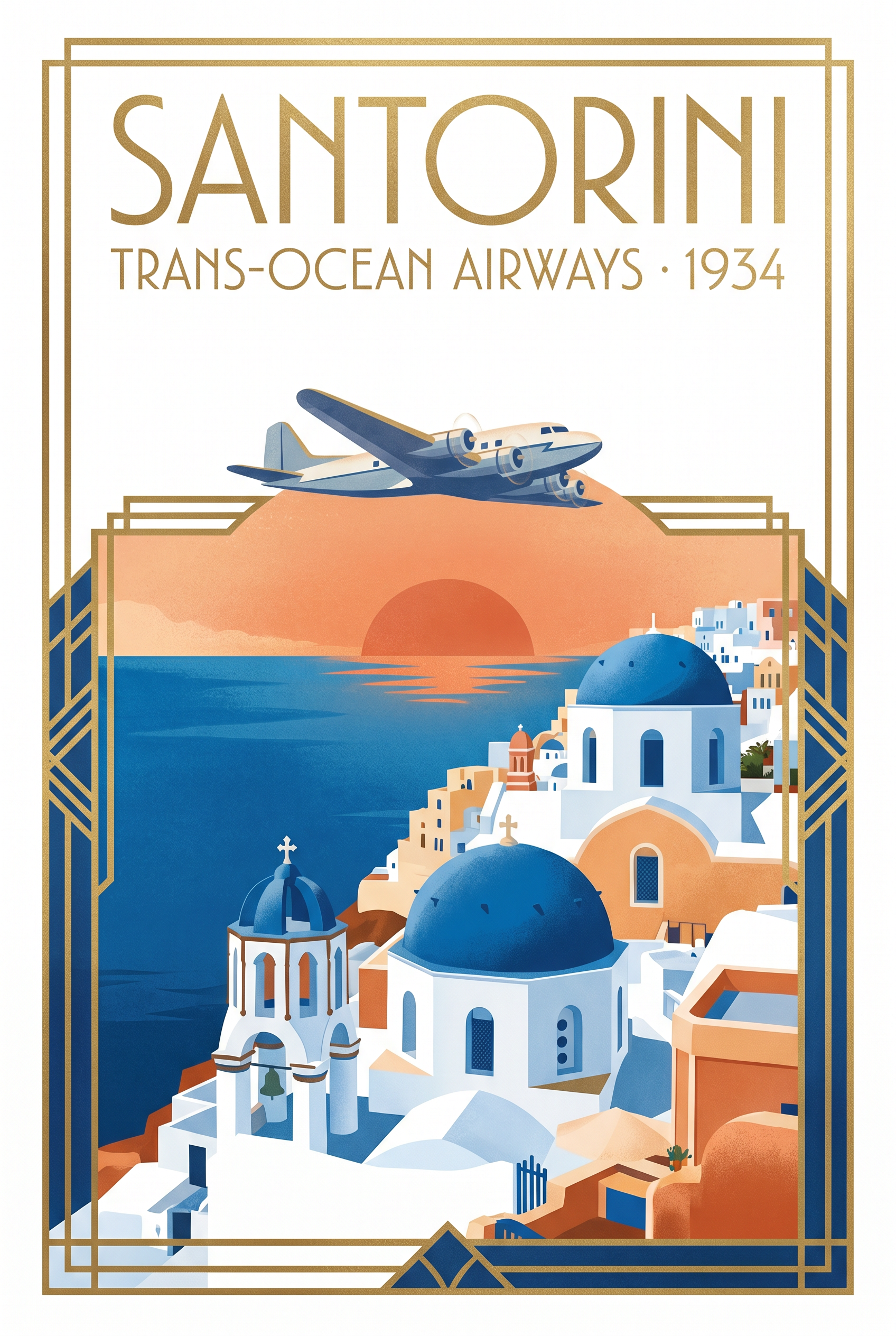 Vintage Art Deco Airline Poster · Santorini