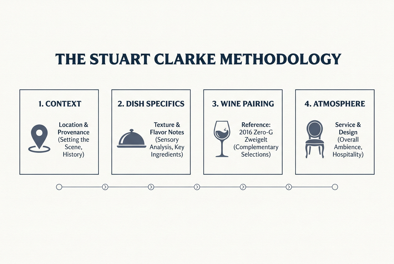 Professional dining review framework diagram showing the four-pillar Stuart Clarke method including context dish specifics wine pairing and atmosphere.