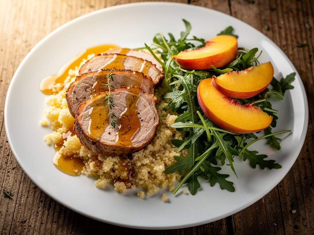 Honey Thyme Pork Chops with Couscous and Peach Arugula Salad