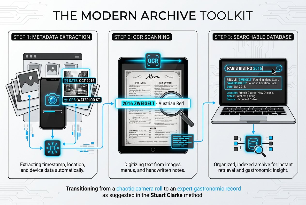 Step-by-step guide for food archiving using metadata extraction and OCR scanning to create searchable restaurant memory databases.