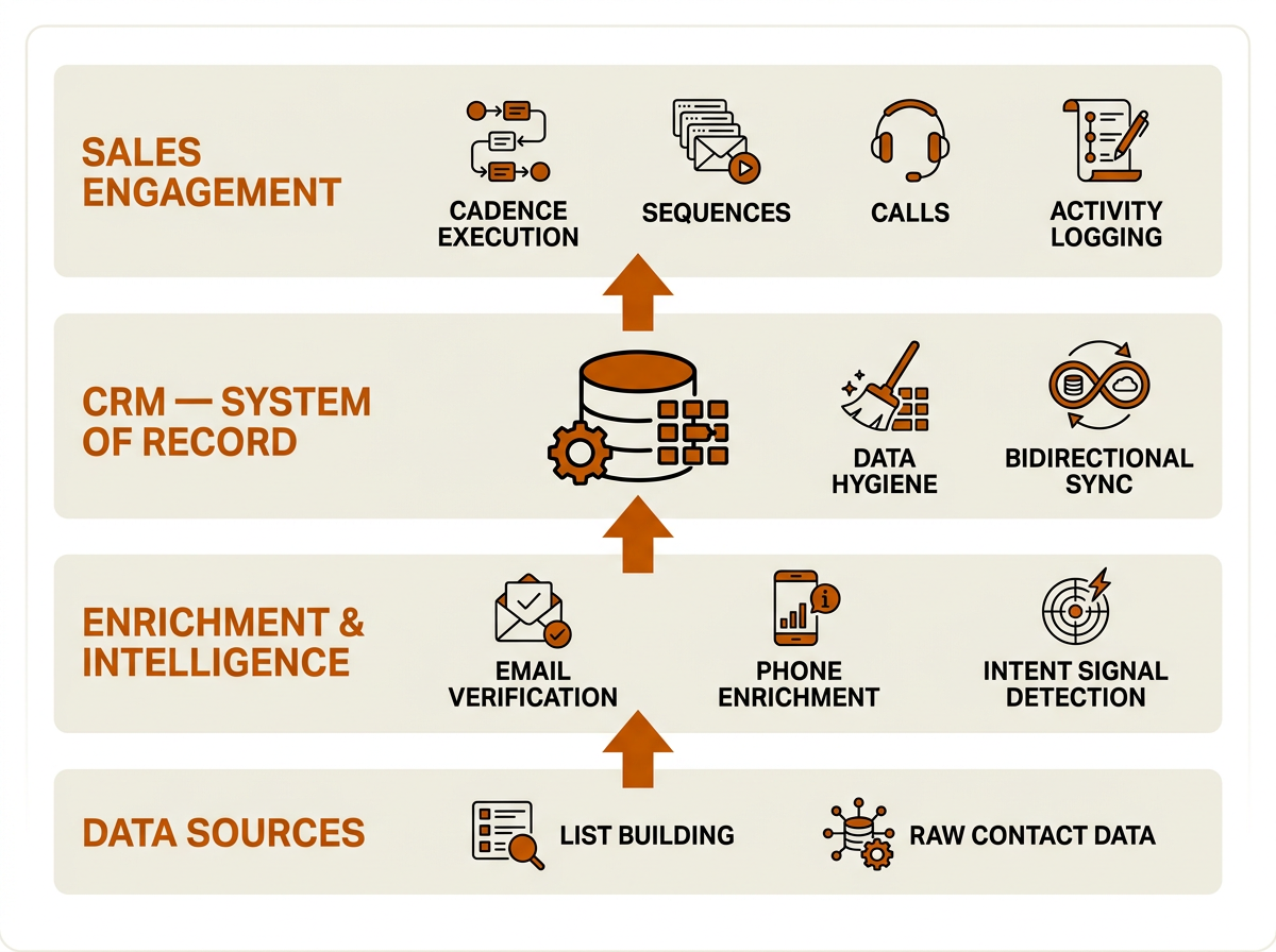 GTM stack architecture diagram showing sales engagement platform layer dependencies