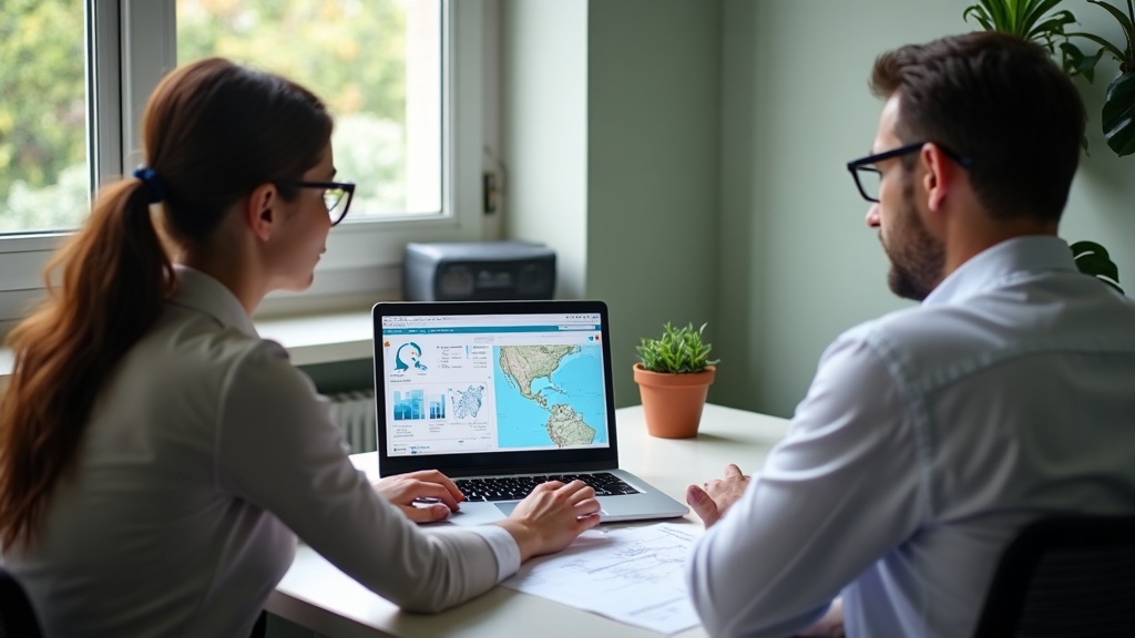Consultor de marketing e dona de clínica analisando estratégias de SEO local em frente ao notebook.