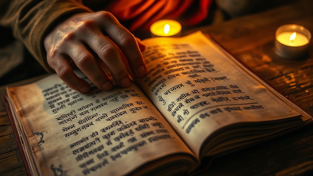 Mains posées sur un texte ancien en pali, évoquant les textes sources des citations bouddhistes