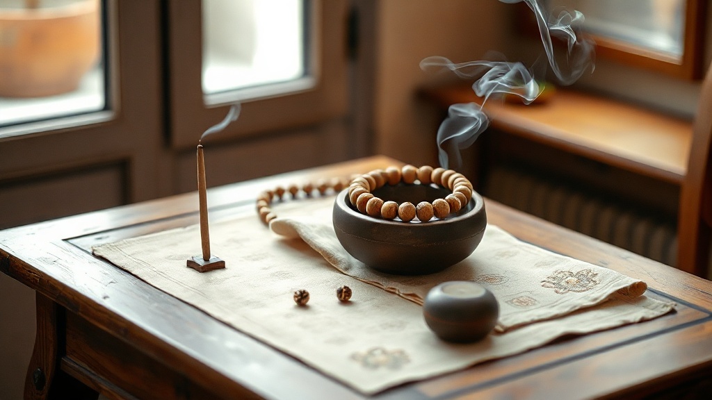 Chapelet de perles en bois de santal posé sur un tissu à motif lotus, utilisé pour la récitation de pensées bouddhistes