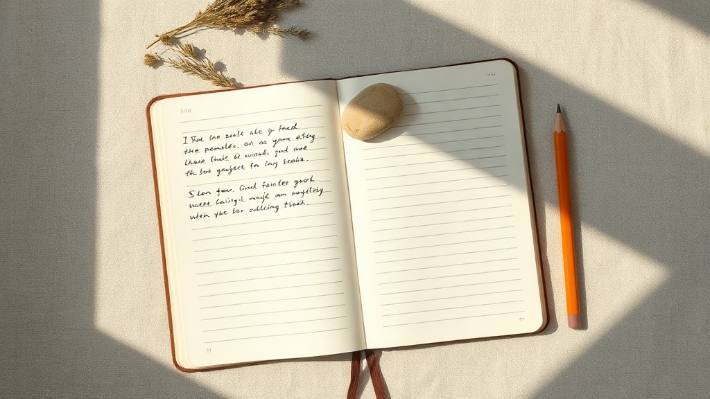 Carnet ouvert avec des notes manuscrites à côté d'un galet et d'herbes séchées, symbolisant la pratique quotidienne des citations bouddhistes