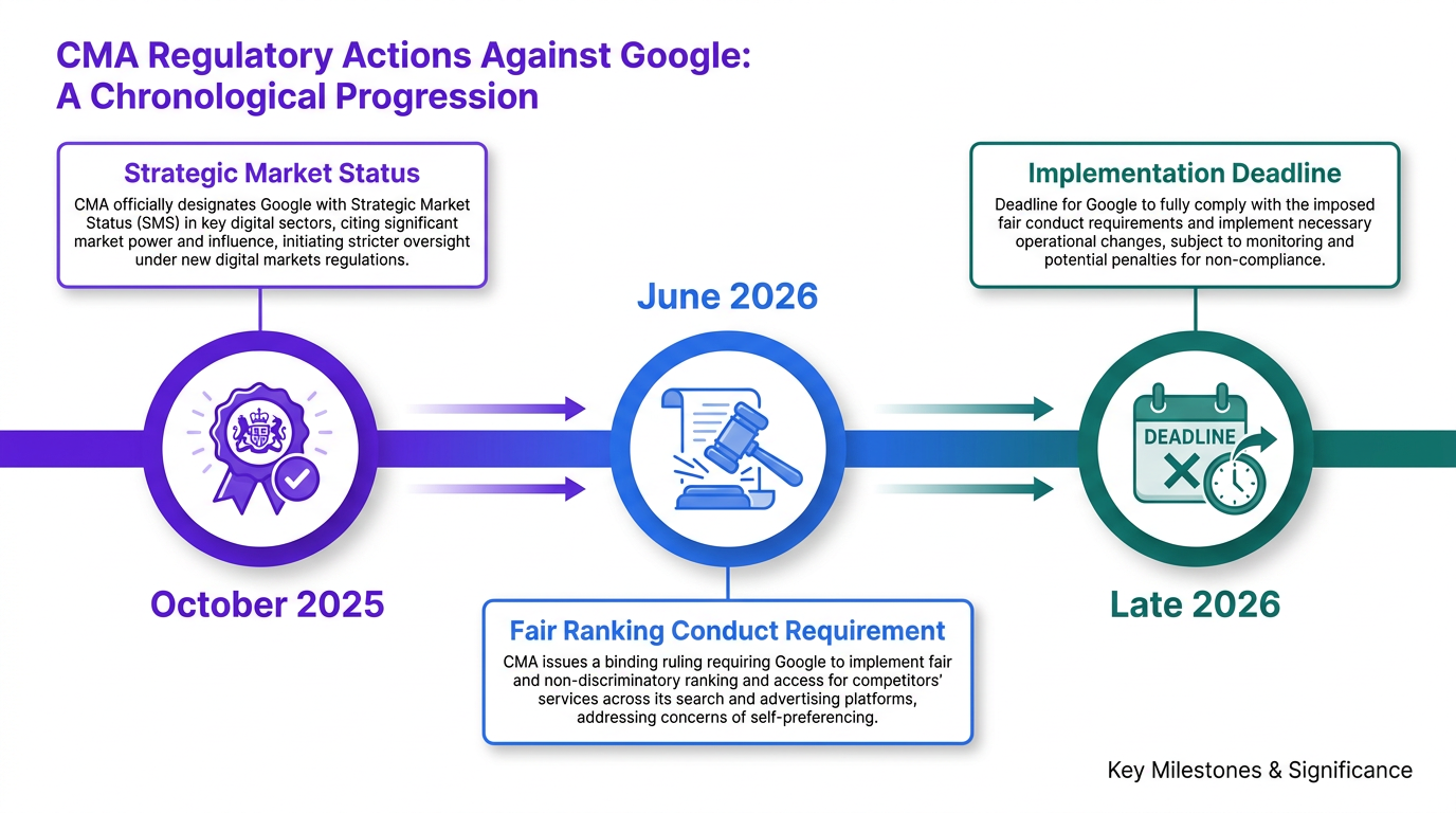 Timeline infographic of CMA Google fair ranking regulatory actions 2025 to 2026