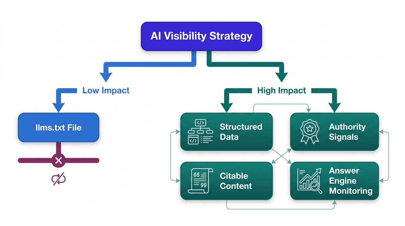 Flowchart comparing low-impact llms.txt file versus high-impact AI visibility strategy components