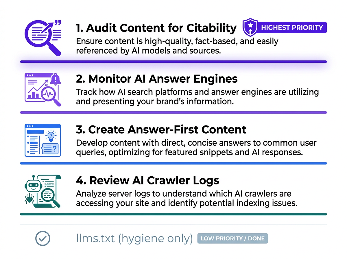 AI visibility priority checklist ranking content audit and monitoring above llms.txt