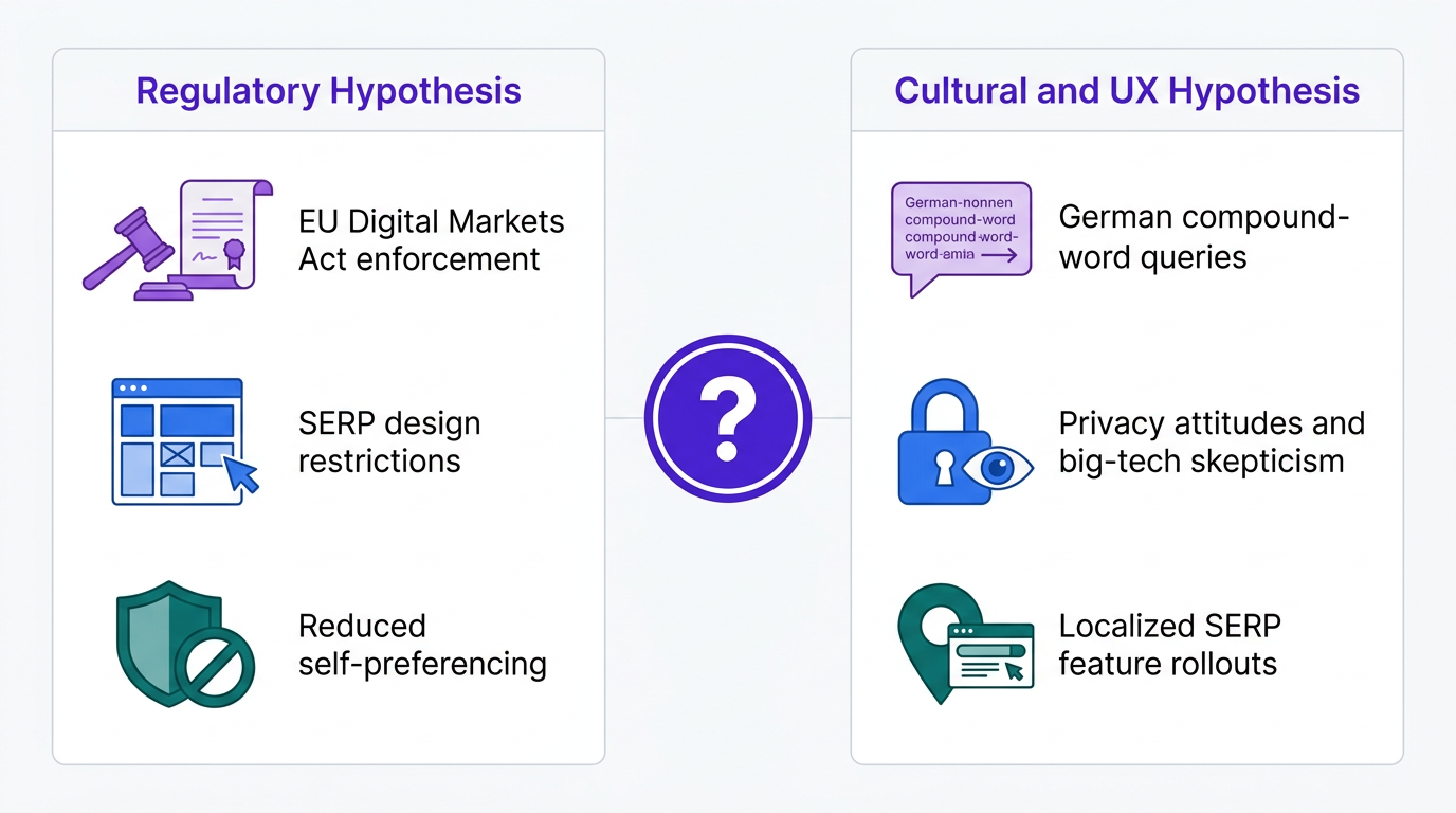 Comparison diagram of regulatory versus cultural hypotheses for zero-click searches by country