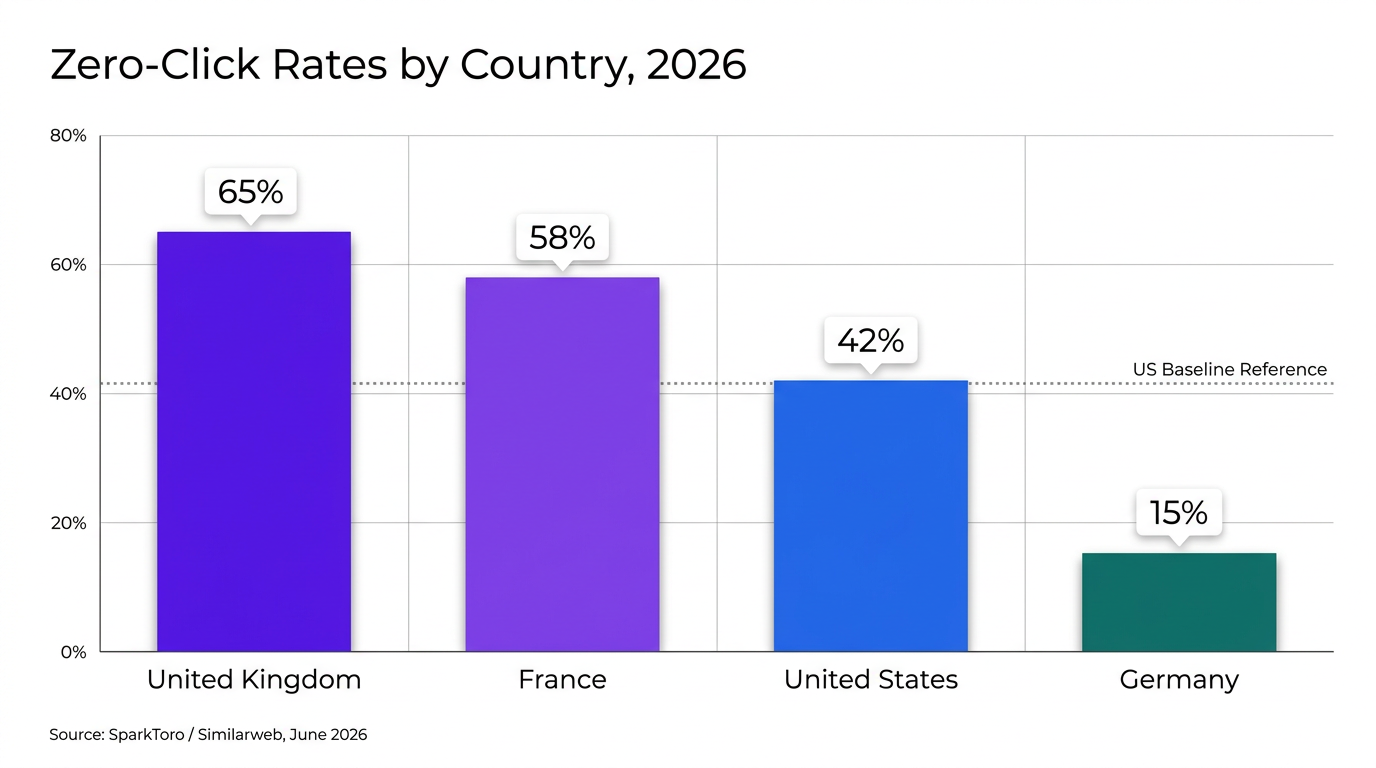 Bar chart comparing zero-click search rates by country in 2026 across UK, France, US, and Germany