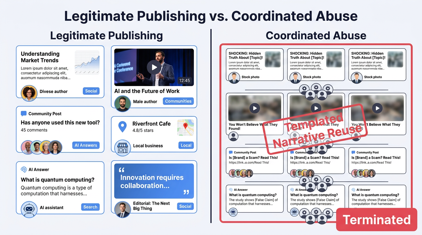 AI slop detection vs original content, coordinated media abuse comparison