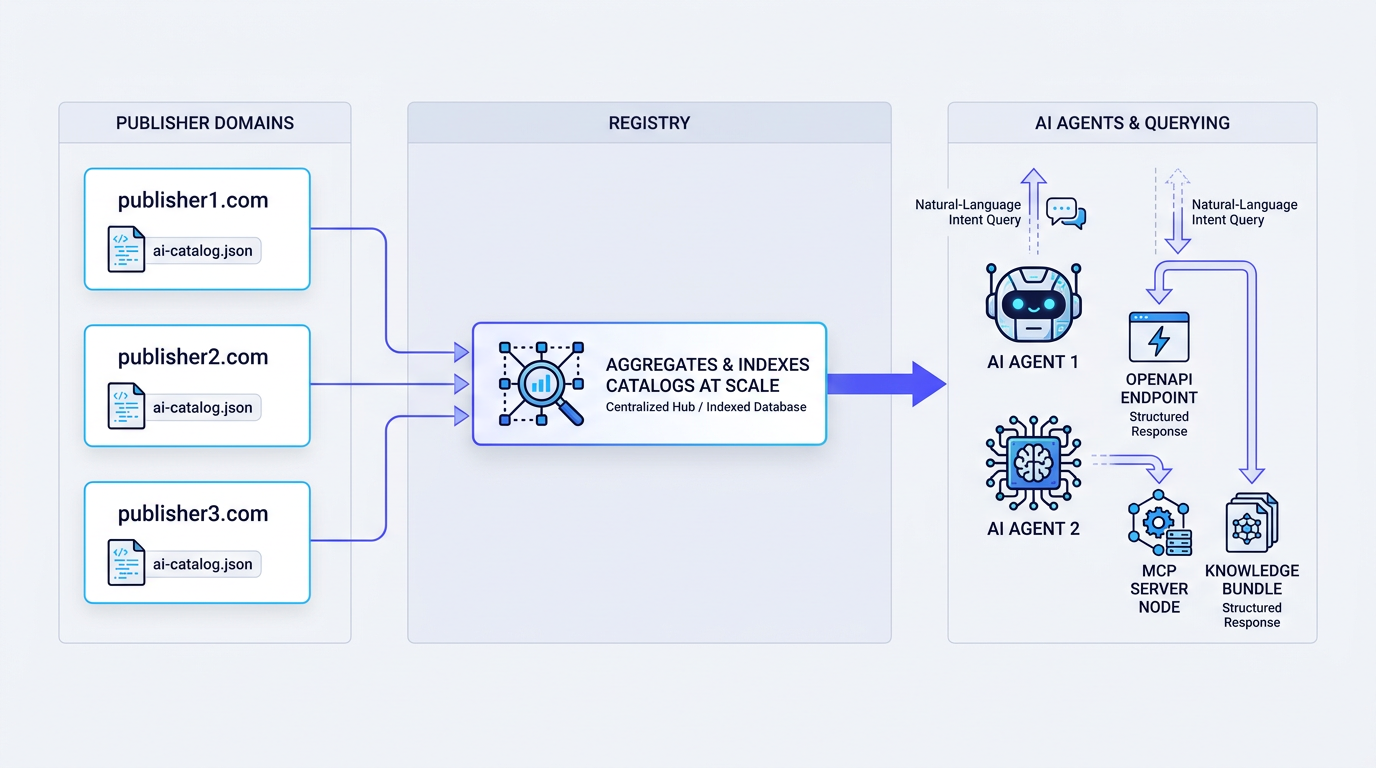Agentic Resource Discovery architecture diagram showing catalogs, registries, and AI agent queries