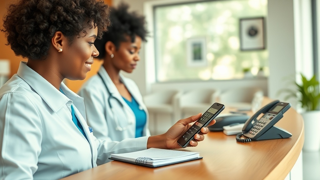 Recepcionista de clínica no Brasil usando WhatsApp e telefone fixo para atender clientes do blog