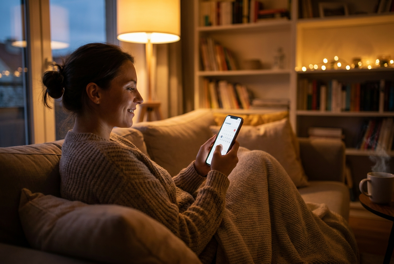 Ontspannen vrouw maakt thuis op de bank in de avond een kapsalonafspraak via haar smartphone