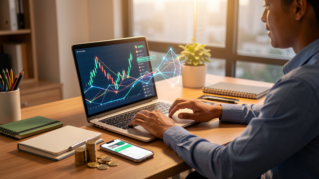 Inteligência artificial ajudando uma pessoa a organizar produtividade, finanças pessoais e decisões de investimento em um notebook