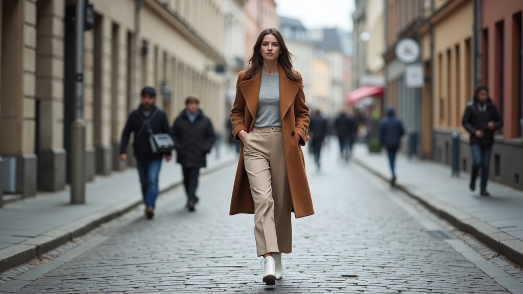Outfit escandinavo mujer con abrigo largo y pantalón de pierna ancha