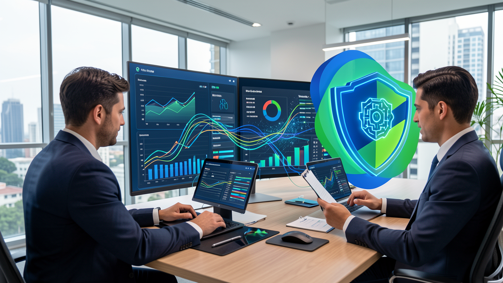 Equipe usando painel de inteligência artificial para produtividade, automação, investimentos e proteção de dados