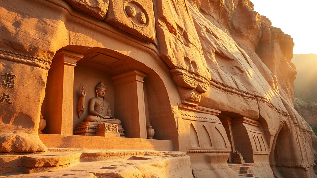 Façade rocheuse des grottes de la montagne Tianlong avec niches sculptées dans le grès, Shanxi, Chine