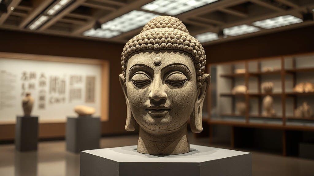 Tête de statue bouddhiste en grès issue des grottes Tianlong, conservée dans un musée, après restitution