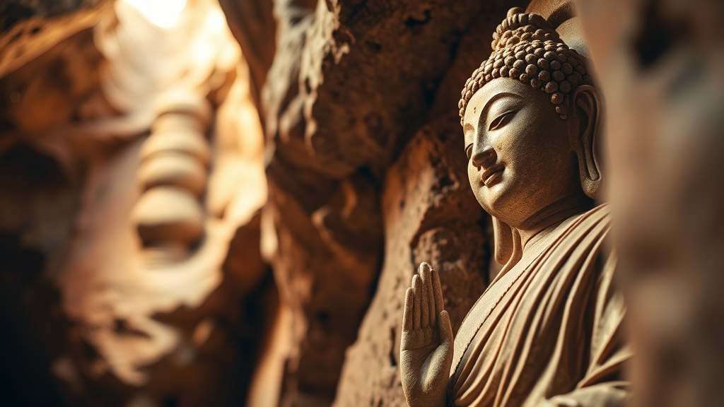 Sculpture bouddhiste Tang en pierre dans une grotte de Tianlong, drapé fluide caractéristique de la période