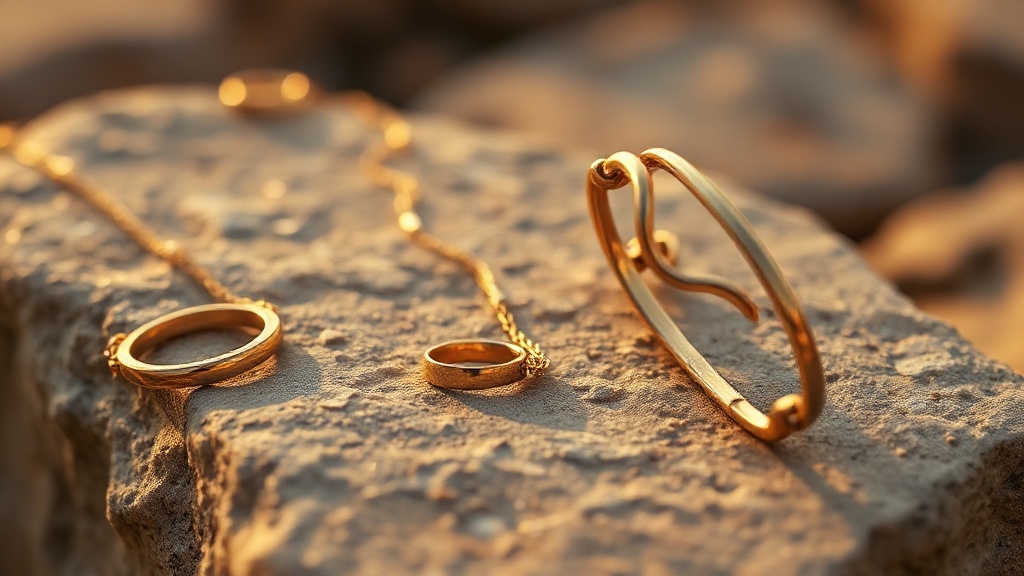 Three minimal gold jewelry pieces on stone surface showing ring, chain and cuff scale comparison