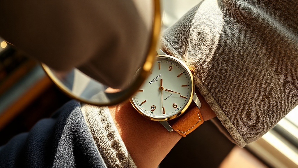 Gold bangle and tan leather strap watch worn together on wrist over navy merino sleeve