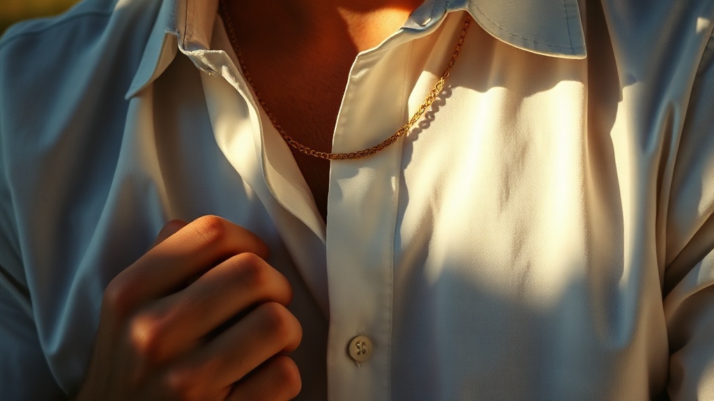 Fine gold chain resting on an open Oxford cloth collar, minimal gold jewelry styling