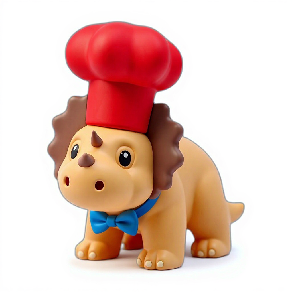 Chef Stomp — Chef Stomp is a roly-poly triceratops squishy, perfectly cuddly and squeezable for endless smiles and gentle, dino-sized fun.