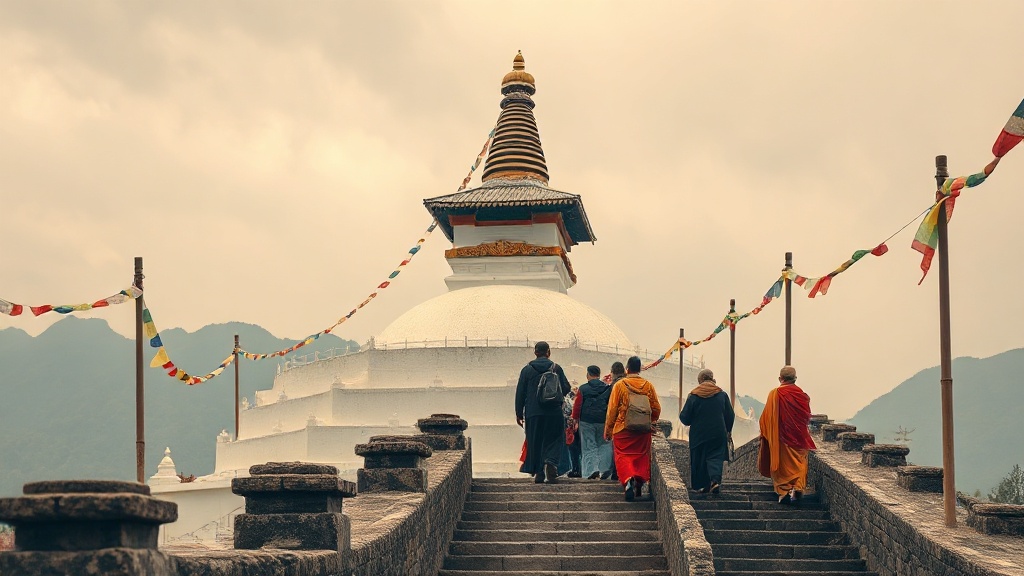 Pèlerins bouddhistes gravissant les marches vers la pagode blanche du temple Tayuan au Mont Wutai