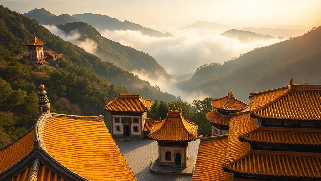 Vue panoramique de la vallée de Taihuai au Mont Wutai, avec les toits des monastères bouddhistes dans la brume matinale