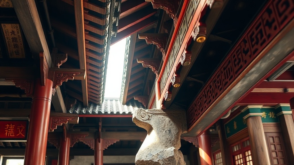Détail architectural d'un temple bouddhiste de l'époque Tang au Mont Wutai, consoles en bois sculptées peintes en rouge