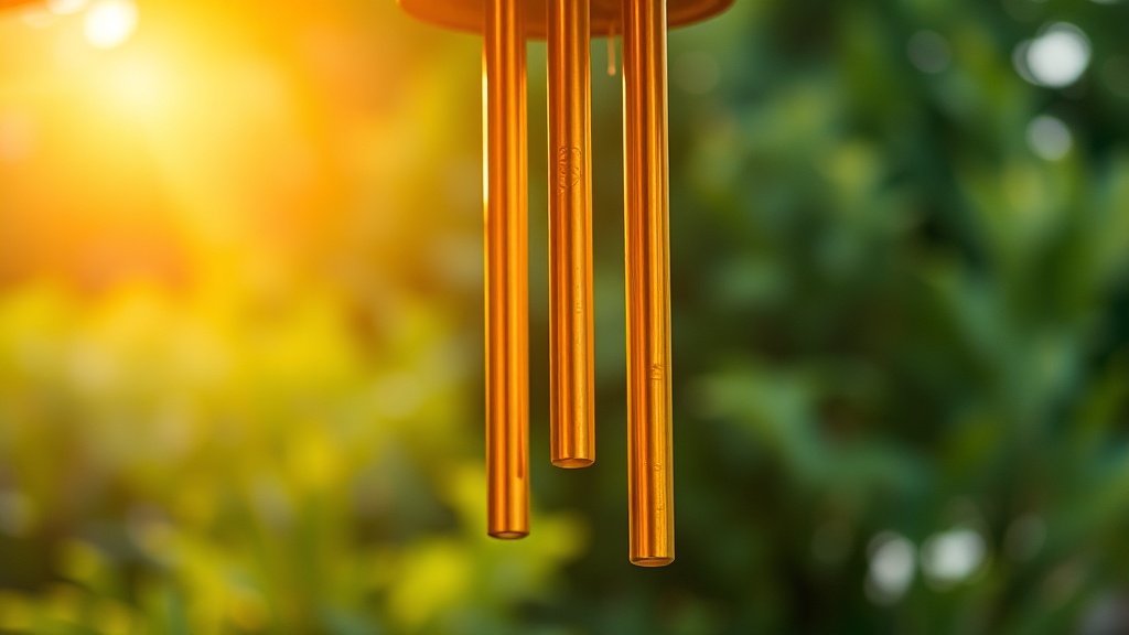 Brass wind chime tubes hanging from a wooden beam in morning sunlight, garden background softly blurred