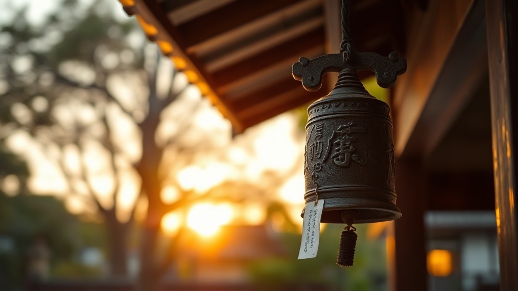 Japanese cast-iron furin bell hanging from a wooden porch eave at dusk, paper strip visible below the bell