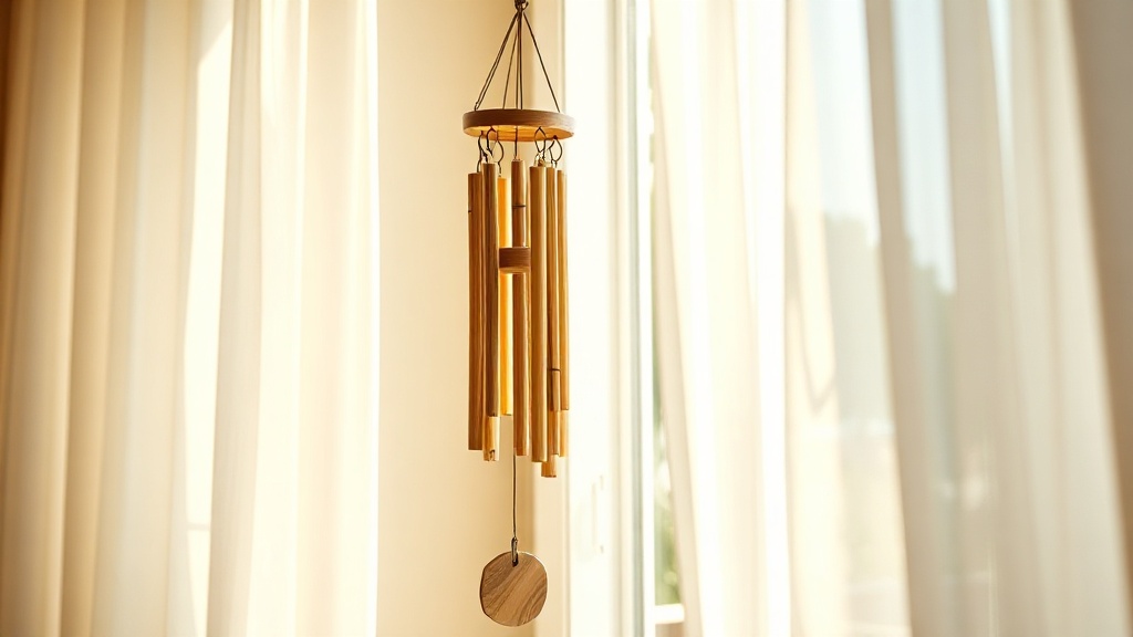 Bamboo wind chime near an open window with white curtains gently moving in a breeze, warm interior light