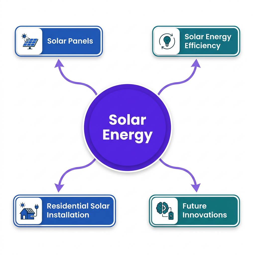 Mind map diagram showing Solar Energy connected to related sub-topic clusters