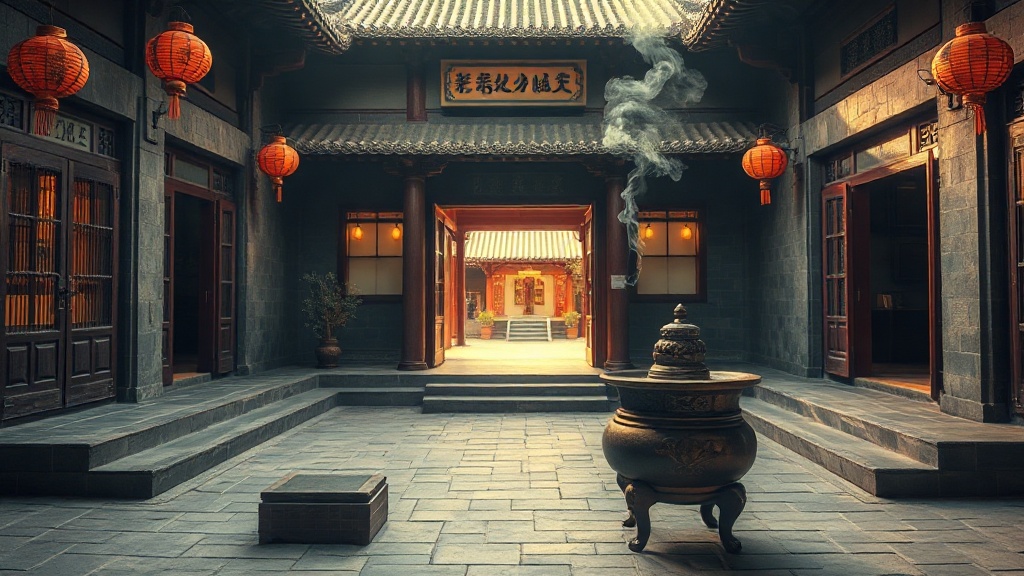 Cour intérieure du temple de Chongshan avec brûloir à encens en bronze, Taiyuan Shanxi, fidèles lors des fêtes lunaires
