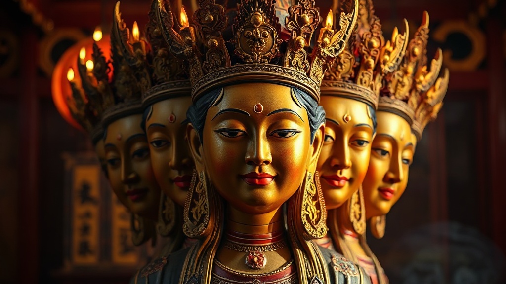 Statue de Guanyin aux onze têtes en bois polychrome au temple de Chongshan, Taiyuan, période Ming, trésor national