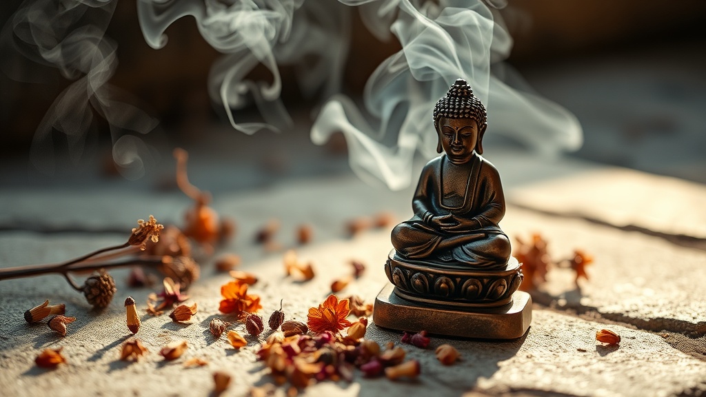 Petite statue de Bouddha en bronze entourée de fleurs séchées et de fumée d'encens