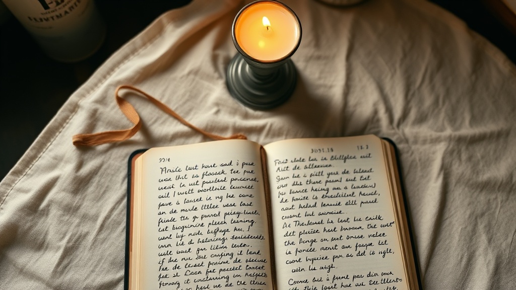 Journal ouvert avec notes manuscrites à la lumière d'une bougie, pratique de réflexion contemplative