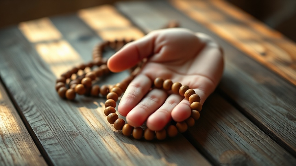 Mala en bois de santal tenu dans une main, symbole de pratique méditative bouddhiste
