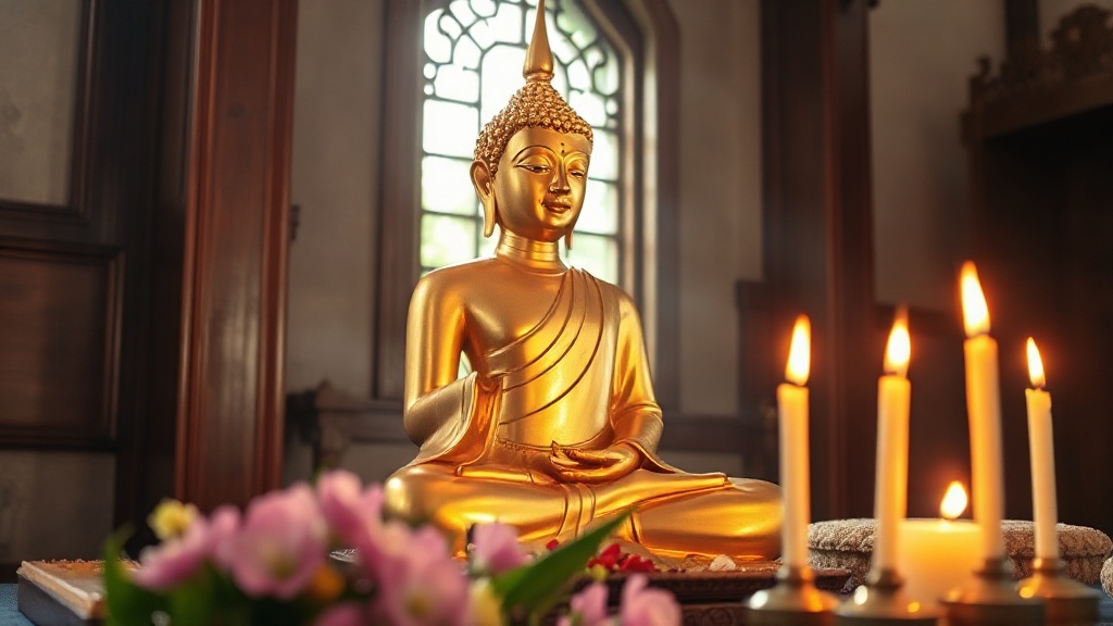 Statue dorée du Bouddha Shakyamuni en méditation dans la salle principale d'un temple theravâda yunnanais