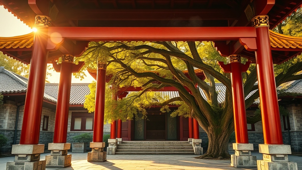 Portail d'entrée du temple Jindeng à Tengchong, colonnes en bois laqué rouge sous la lumière matinale