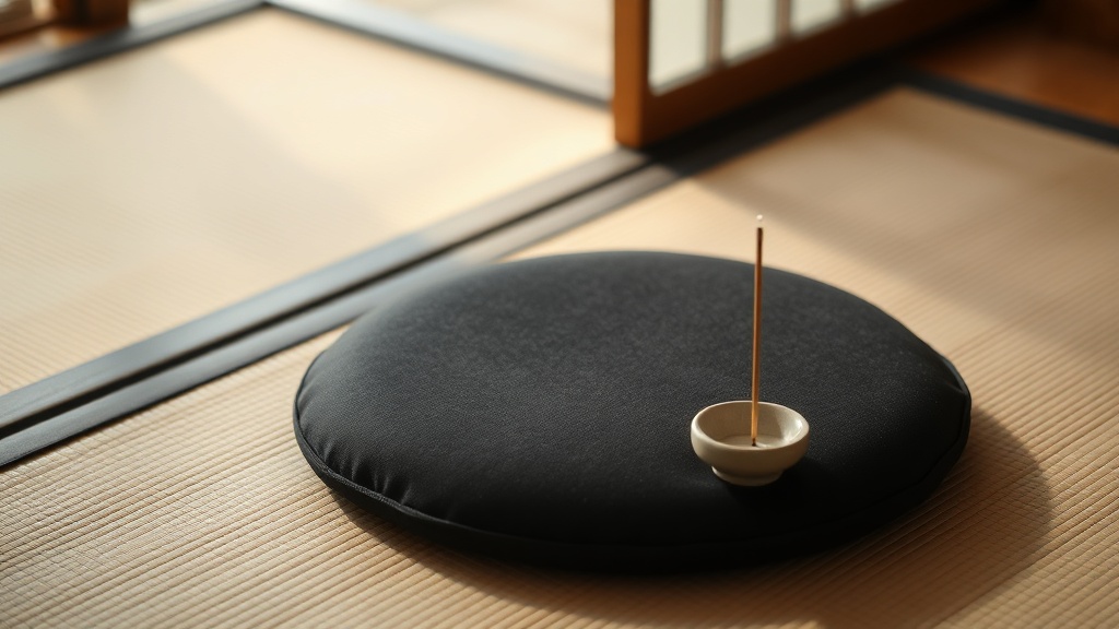 Black zafu zazen cushion on tatami mat with incense holder, soft side light in a Zen meditation room