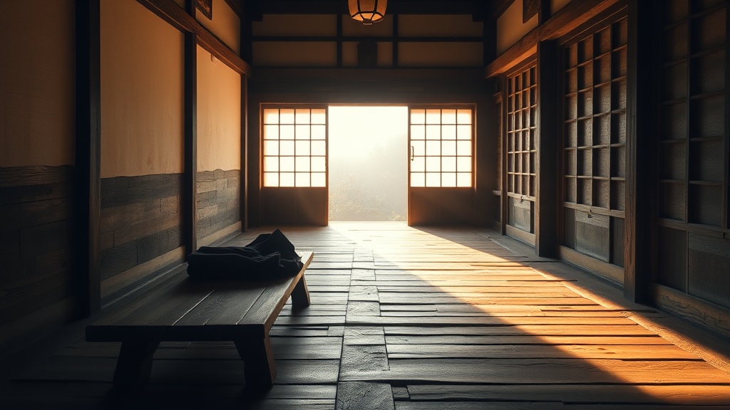 Quiet wooden corridor of a traditional Japanese Zen temple at dawn, monk's robe folded on bench