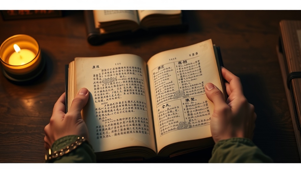 Aged Japanese calligraphy manuscript open on a wooden desk, lit by warm candlelight