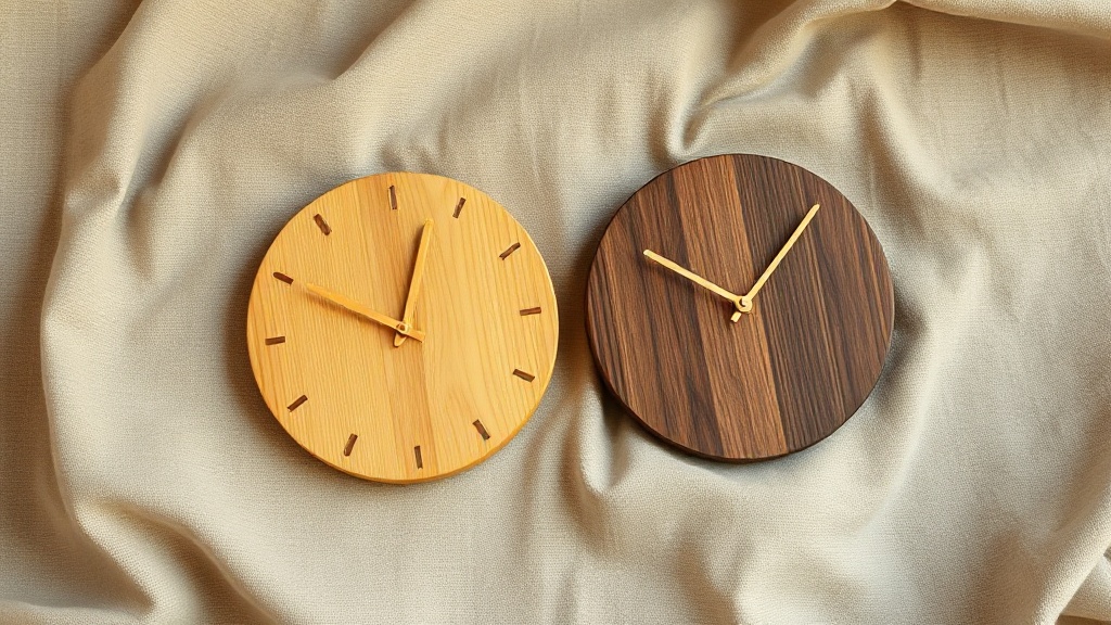 Pale bamboo and dark walnut wooden clock hands side by side showing grain contrast on linen surface
