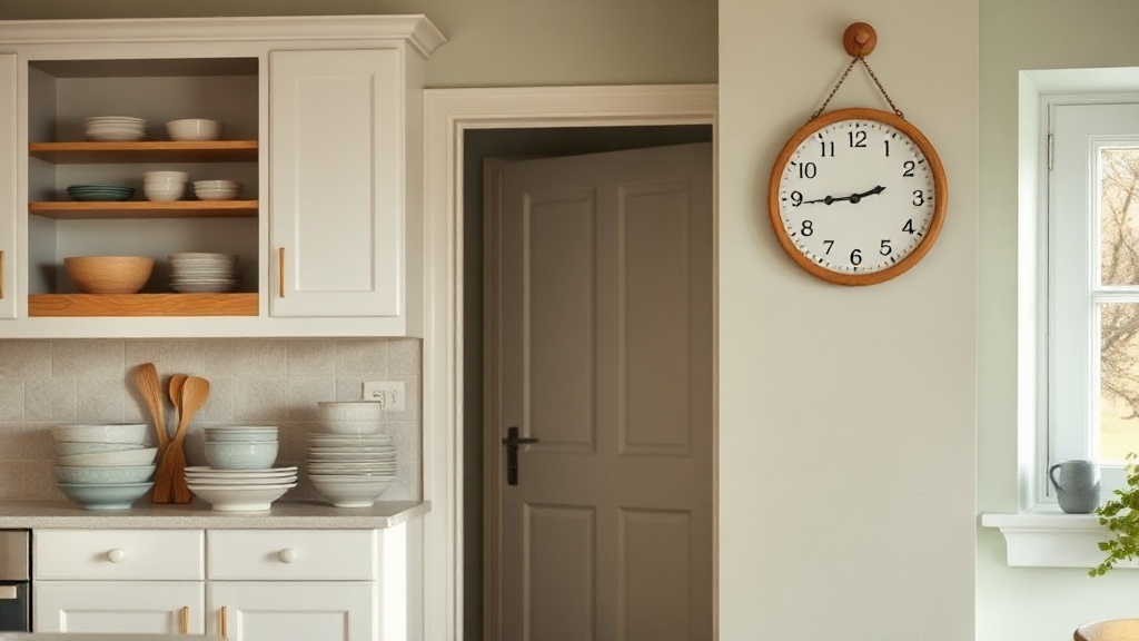 Natural bamboo wall clock on a sage green kitchen wall beside a doorway in a Scandinavian-style kitchen