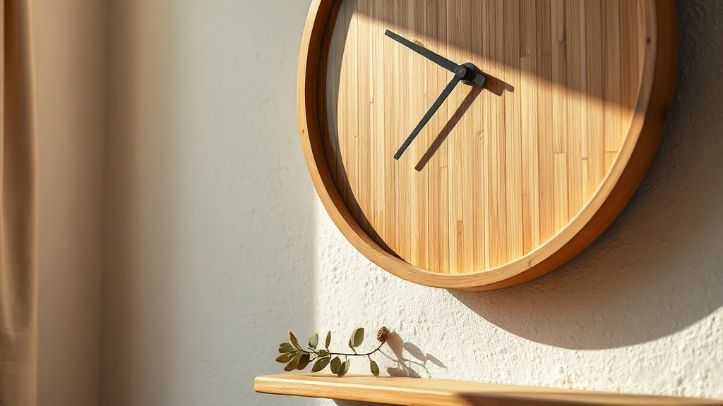 Close-up of a bamboo wall clock with natural wooden hands on a white wall with warm afternoon light
